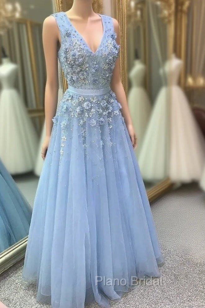 Blue Tulle V-neck Flower Beading Formal Prom Dresses Main image