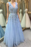 Blue Tulle V-neck Flower Beading Formal Prom Dresses