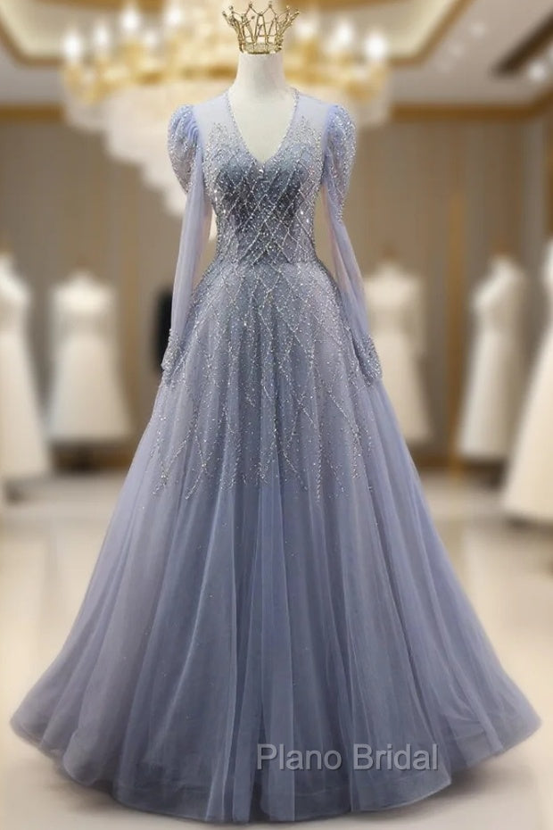 Blue Tulle V-neck Long Sleeve Beading Formal Prom Dresses Main image
