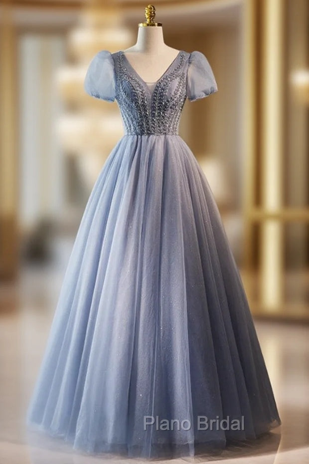 Blue Tulle V-neck Puff Sleeve Beading Formal Prom Dresses Main image
