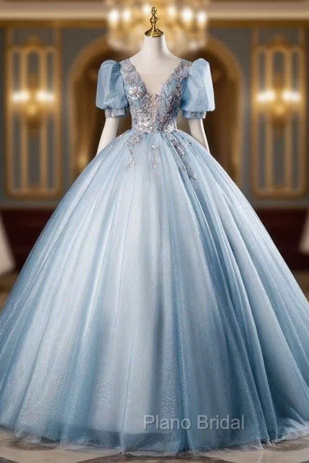 Blue Tulle V-neck Puff Sleeve Quinceanera Dresses Main image