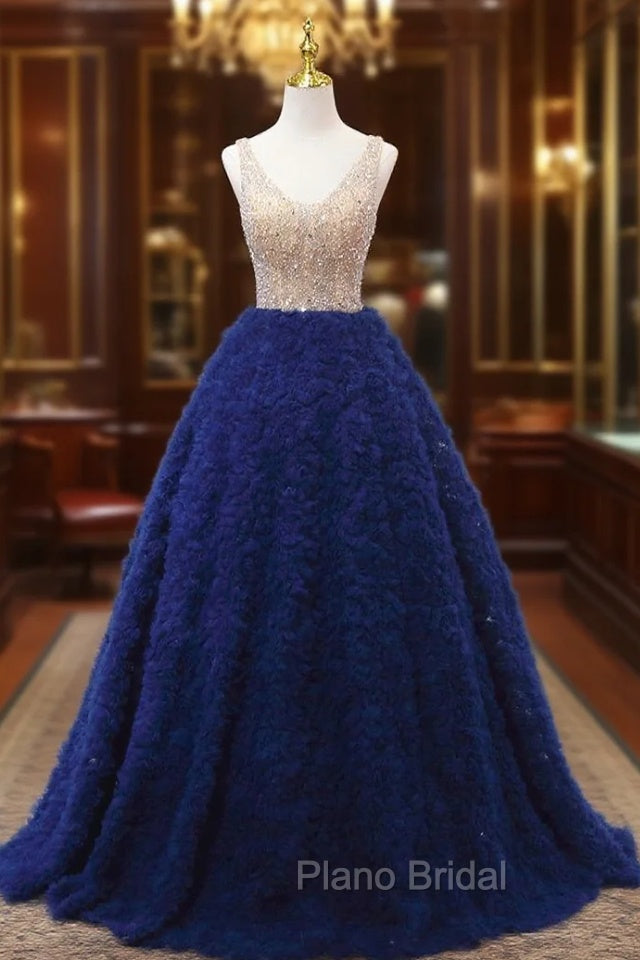 Blue Tulle V-neck Tiers Beading Formal Prom Dresses Main image