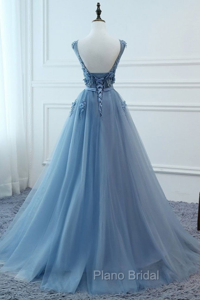 Blue Tulle V-neckline Long Party Dresses , Tulle Formal Dresses Secondary image
