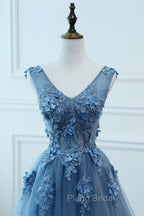 Blue Tulle V-neckline Long Party Dresses , Tulle Formal Dresses