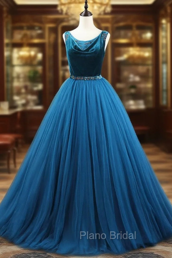 Blue Tulle Velvet Beading Formal Prom Dresses Main image