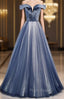 Blue Tulle Velvet Off the Shoulder Beading Formal Prom Dresses