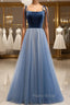 Blue Tulle Velvet Spaghetti Straps Open Back Formal Prom Dresses
