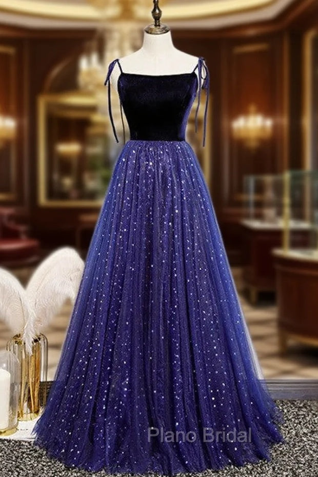 Blue Tulle Velvet Star Sequins Spaghetti Straps Formal Prom Dresses Main image
