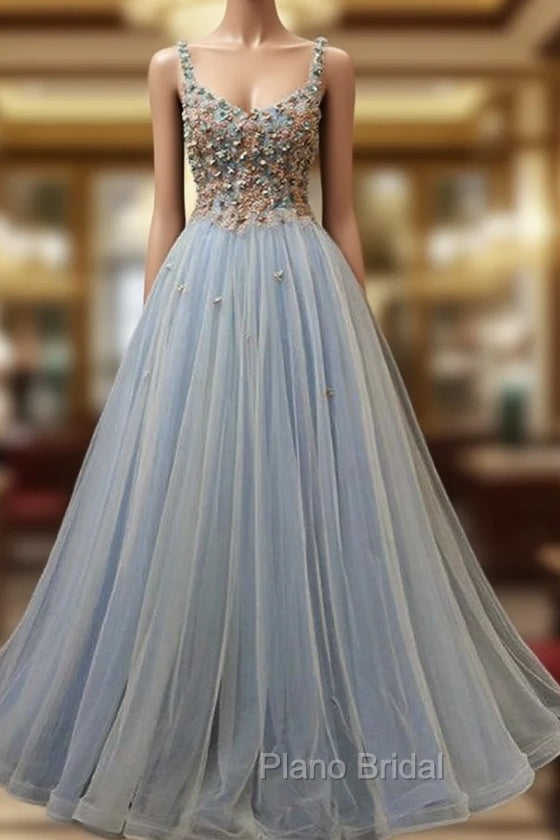 Blue Tulle with Flowers Straps Long Evening Dresses, Blue Formal Prom Party Dresses Secondary image