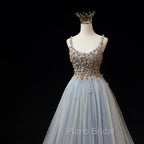 Blue Tulle with Flowers Straps Long Evening Dresses, Blue Formal Prom Party Dresses