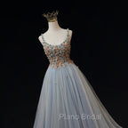Blue Tulle with Flowers Straps Long Evening Dresses, Blue Formal Prom Party Dresses