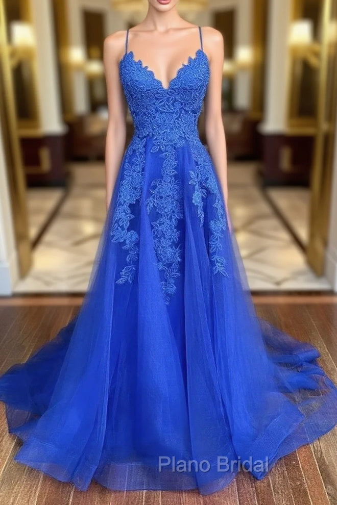 Blue Tulle with Lace A-line Floor Length Party Dresses Blue Junior Formal Prom Dresses Formal Prom Dresses shops