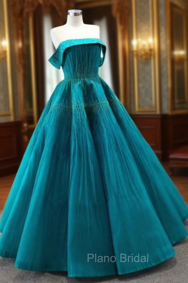 Blue Tullle Strapless Pleats Beading Formal Prom Dresses Main image