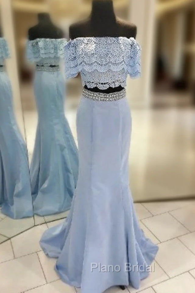 Blue Two-Piece Off-the-Shoulder Lace Mermaid Long Formal Prom Dresses