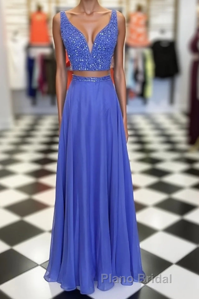 Blue two pieces beads long Formal Prom dress, blue evening dress