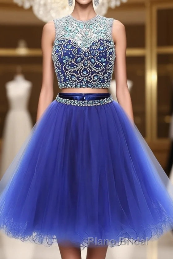 Blue two pieces tulle sequin beads short Formal Prom dress, blue homecoming Main image