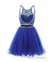 Blue two pieces tulle sequin beads short Formal Prom dress, blue homecoming