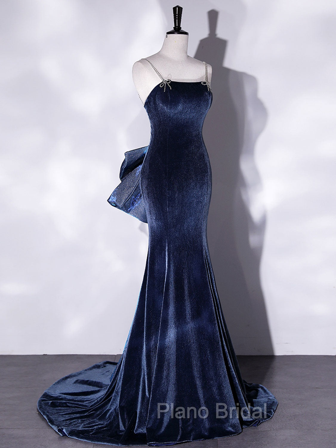 Blue Unique Mermaid Velvet Long Formal Prom Dresses, Velvet Formal Evening Dresses Secondary image