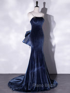 Blue Unique Mermaid Velvet Long Formal Prom Dresses, Velvet Formal Evening Dresses