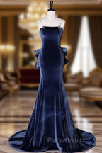 Blue Unique Mermaid Velvet Long Formal Prom Dresses, Velvet Formal Evening Dresses