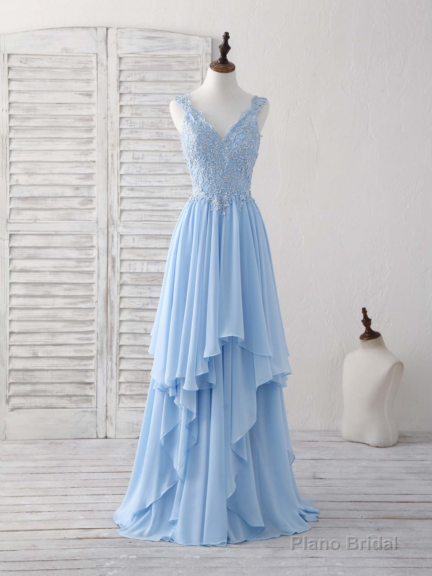 Blue V Neck Applique Chiffon Long Prom Dress Lace Bridesmaid Dress Main image