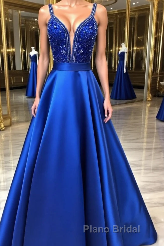 Blue v neck beads satin long Formal Prom dress, blue evening dress Main image