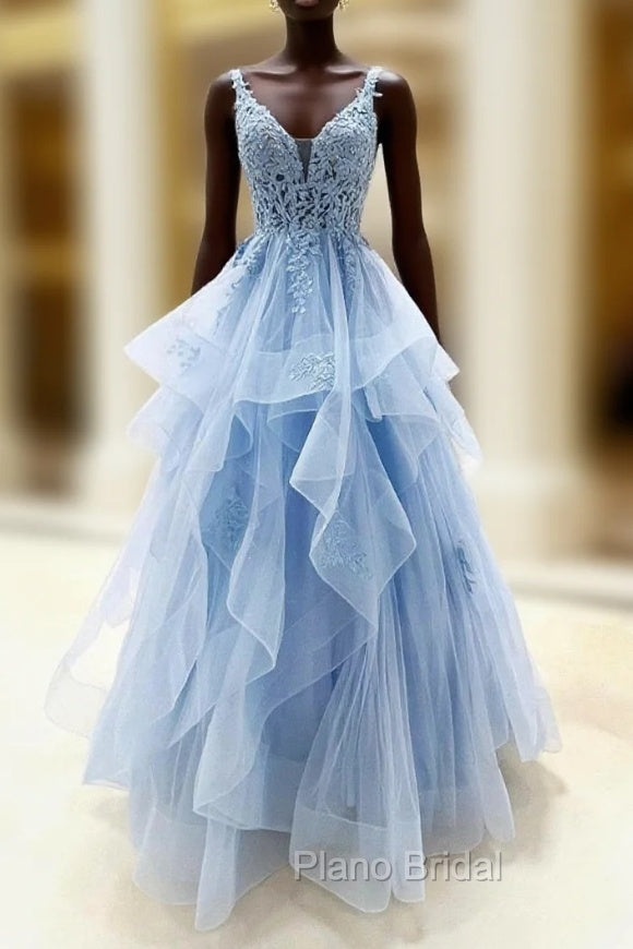 Blue V-Neck Lace Long Formal Prom Dresses, Blue Tulle Layers Formal Evening Dresses