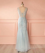 Blue V Neck Lace Tulle Long Formal Prom Dresses, Blue Lace Evening Dresses For Teens