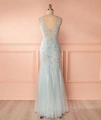 Blue V Neck Lace Tulle Long Formal Prom Dresses, Blue Lace Evening Dresses For Teens