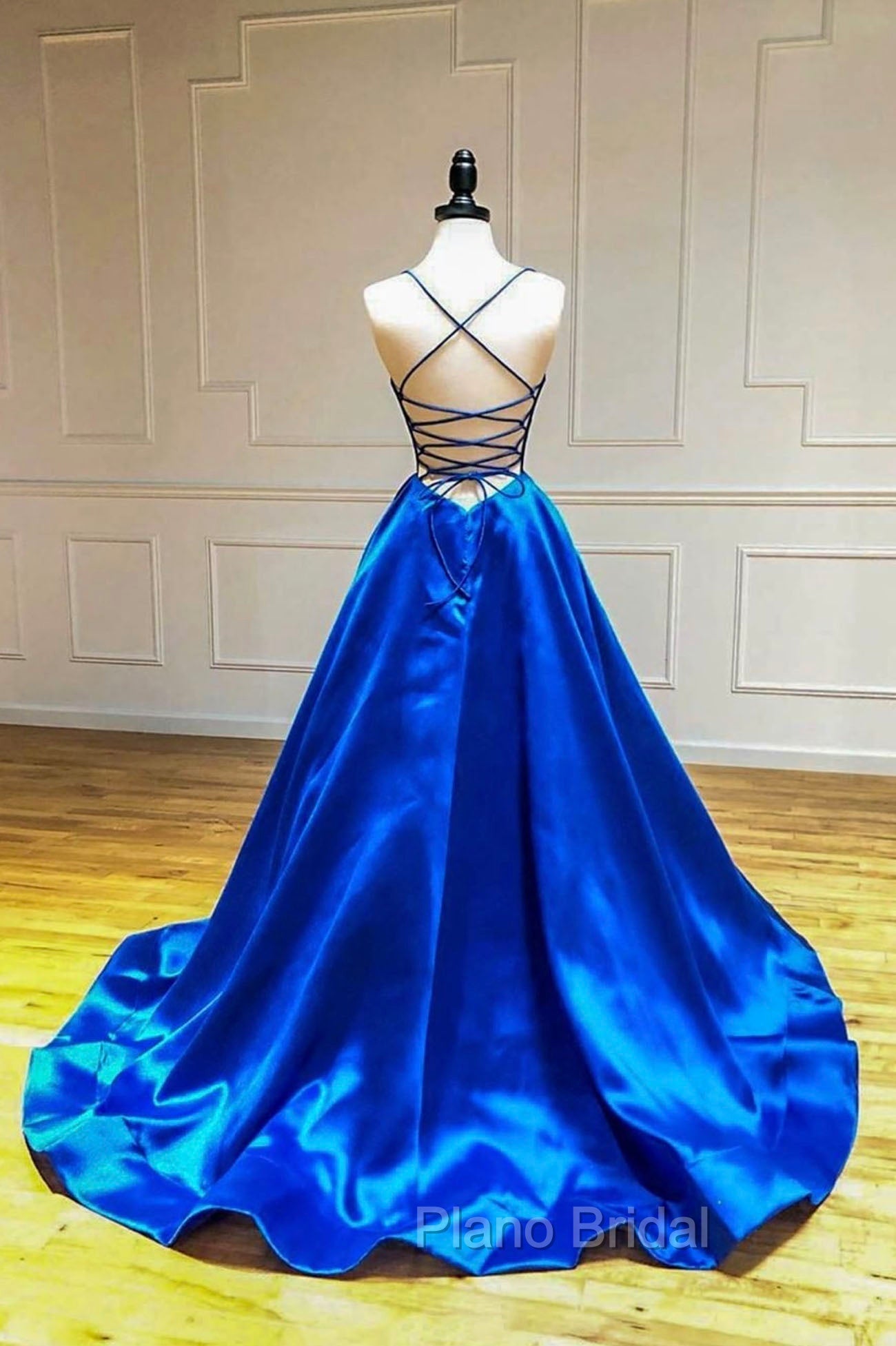 Blue V-Neck Satin Long Evening Dresses, A-Line Backless Formal Prom Dresses Secondary image
