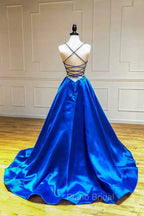 Blue V-Neck Satin Long Evening Dresses, A-Line Backless Formal Prom Dresses