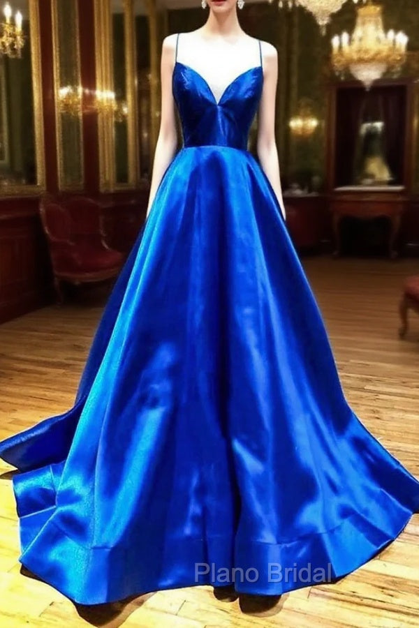 Blue V-Neck Satin Long Evening Dresses, A-Line Backless Formal Prom Dresses Main image
