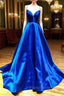 Blue V-Neck Satin Long Evening Dresses, A-Line Backless Formal Prom Dresses
