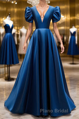 Blue v neck satin long Formal Prom dress blue satin evening dress