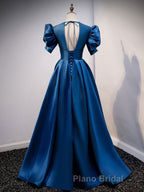 Blue v neck satin long Formal Prom dress blue satin evening dress