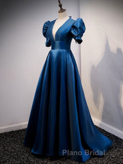 Blue v neck satin long Formal Prom dress blue satin evening dress