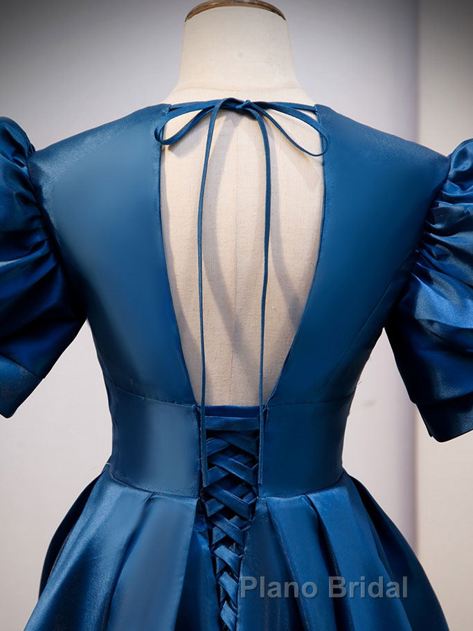 Blue v neck satin long Formal Prom dress blue satin evening dress