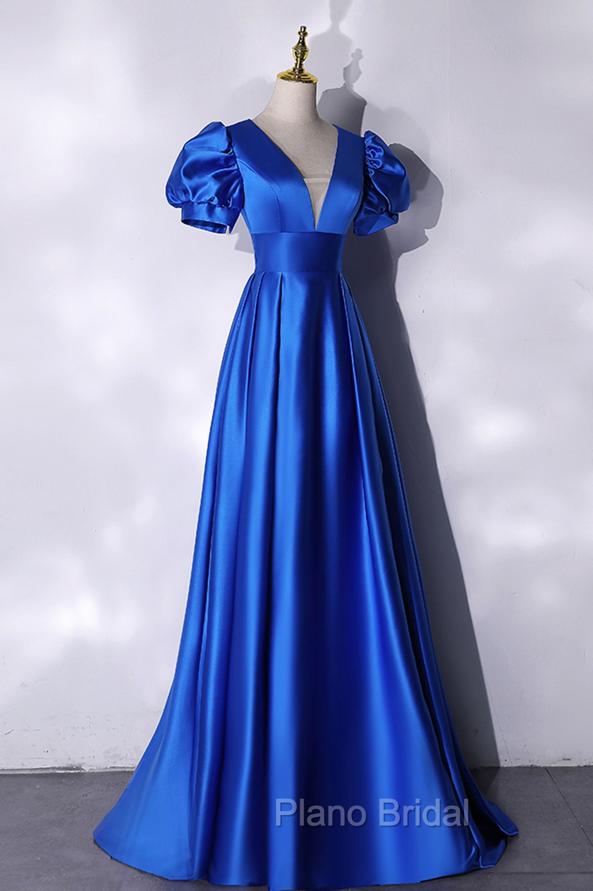 Blue V-Neck Satin Long Formal Prom Dresses, Simple Blue Evening Party Dresses Secondary image