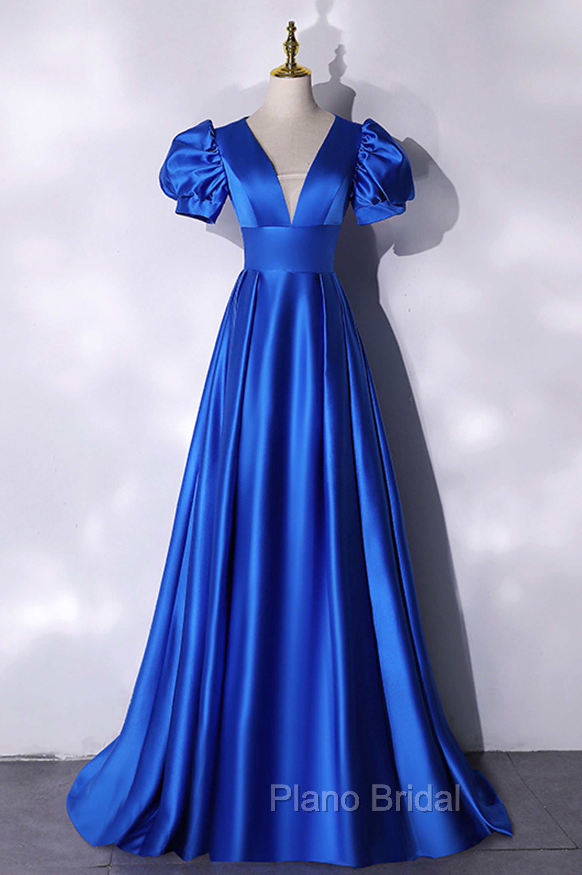 Blue V-Neck Satin Long Formal Prom Dresses, Simple Blue Evening Party Dresses Main image