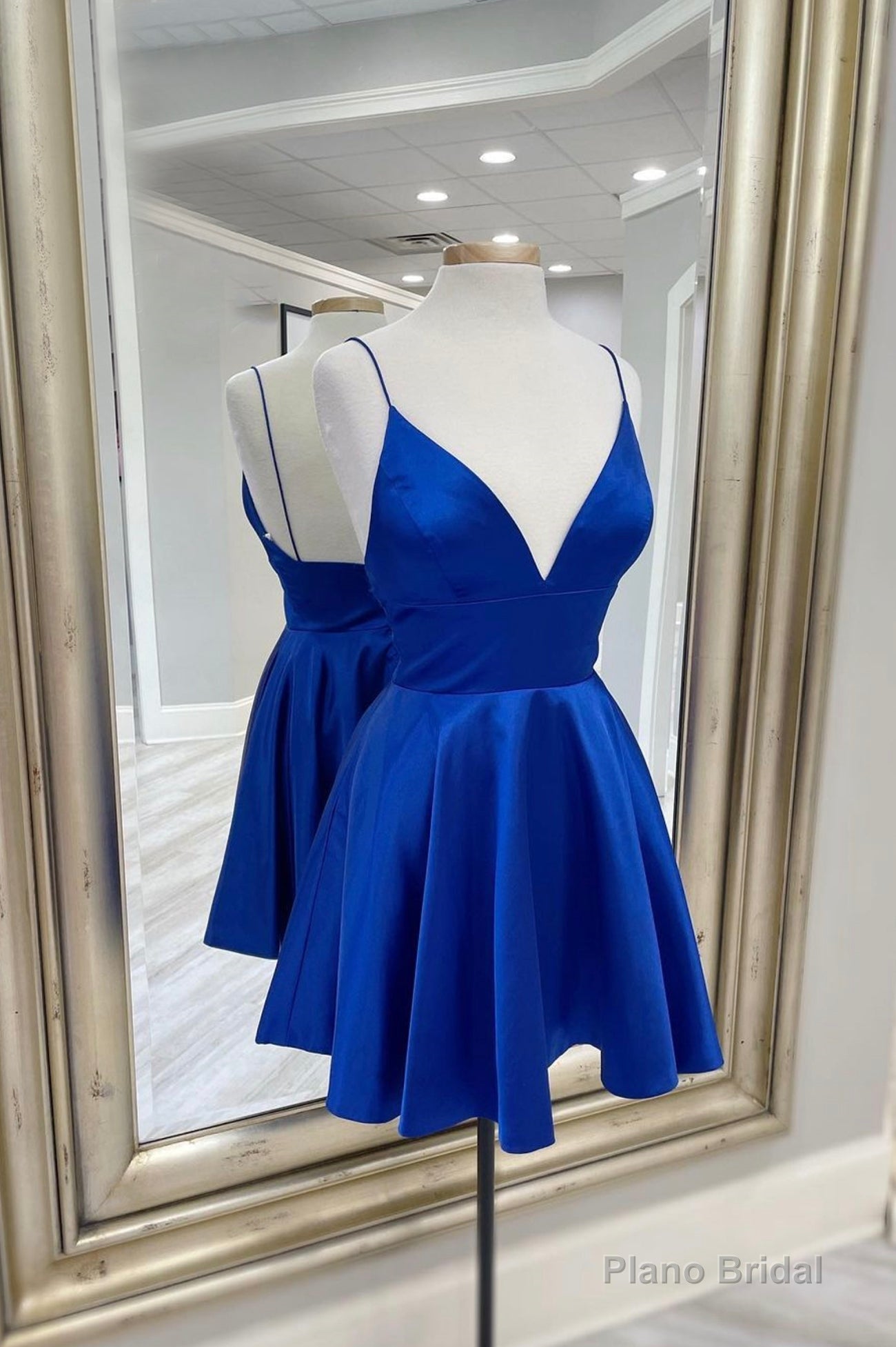 Blue V-Neck Satin Short Prom Dress,A-Line Cocktail Dresses Short Formal Main image