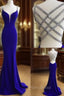 Blue V Neck Sequin Long Formal Prom Dresses, Unique Blue Evening Dresses