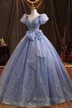 Blue V-Neck Shiny Tulle Long Formal Prom Dresses, A-Line Short Sleeve Formal Dresses