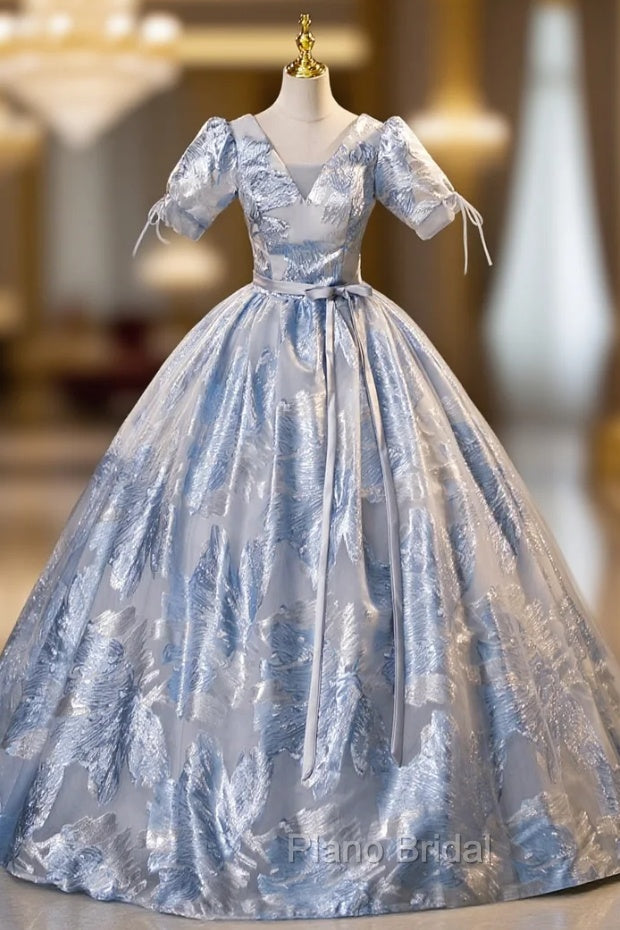 Blue V-neck Short Sleeve Belt Quinceanera Dresses