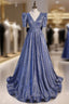 Blue V-neck Starry Gradient Cloth Short Sleeve Formal Prom Dresses