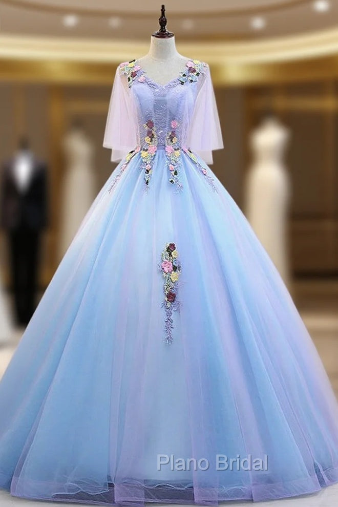 Blue V-neck Tulle Appliques Beading Floor Length Quinceanera Dresses Main image