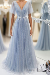 Blue v neck tulle beads long Formal Prom dress, blue tulle formal dress