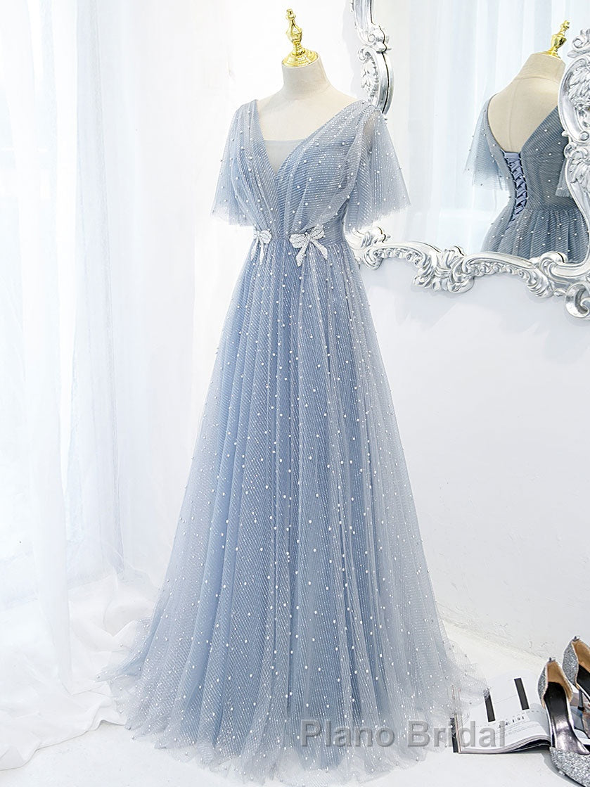 Blue v neck tulle beads long Formal Prom dress, blue tulle formal dress