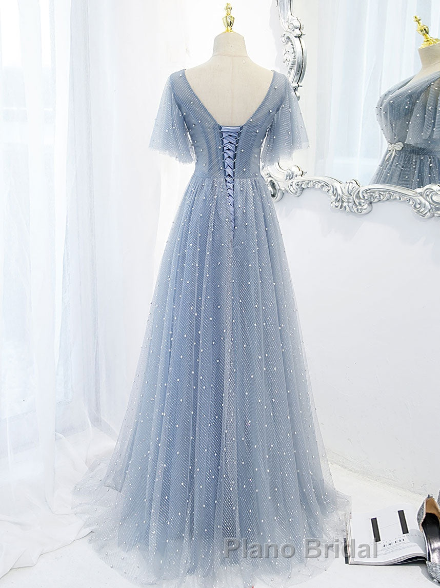 Blue v neck tulle beads long Formal Prom dress, blue tulle formal dress