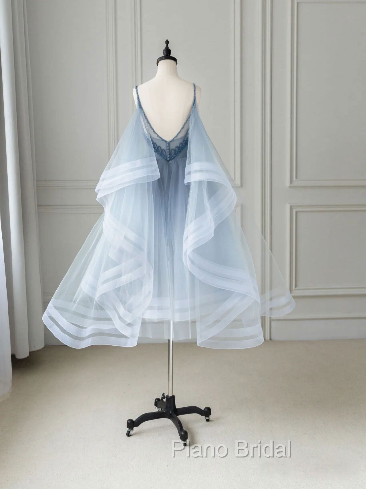 Blue V Neck Tulle Beads Short Formal Prom Dresses, Blue Tulle Formal Dresses Secondary image