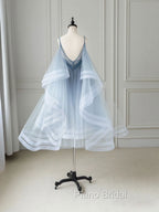 Blue V Neck Tulle Beads Short Formal Prom Dresses, Blue Tulle Formal Dresses